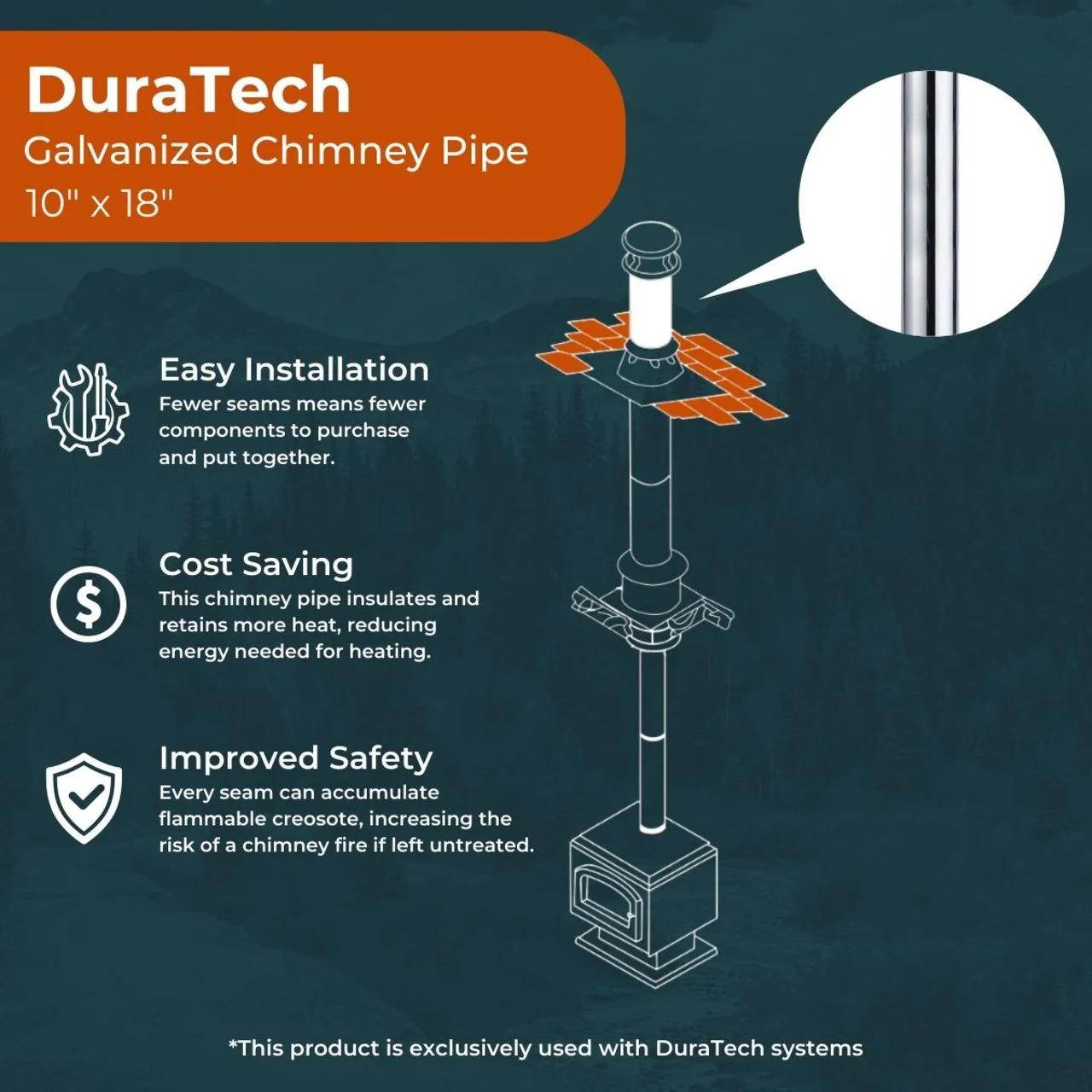 10" x 18" DuraTech Galvanized Chimney Pipe - 10DT-18 - Image 3