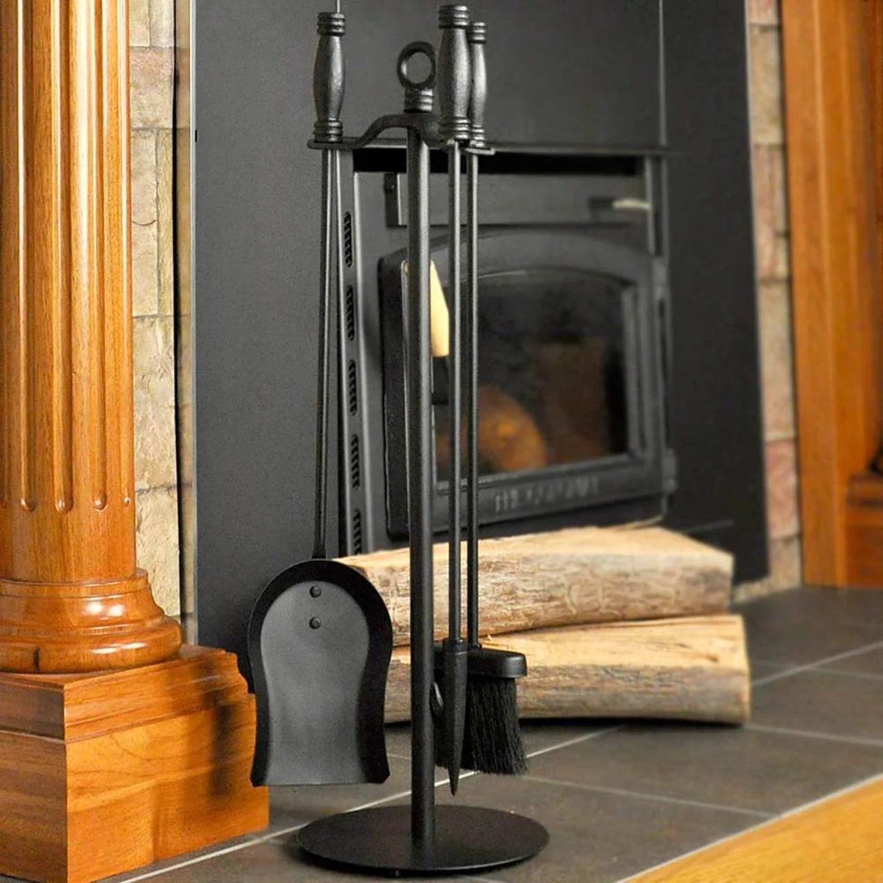 4 Piece Wrought Iron Black Fireplace Tool Set - F-1048 - Image 4